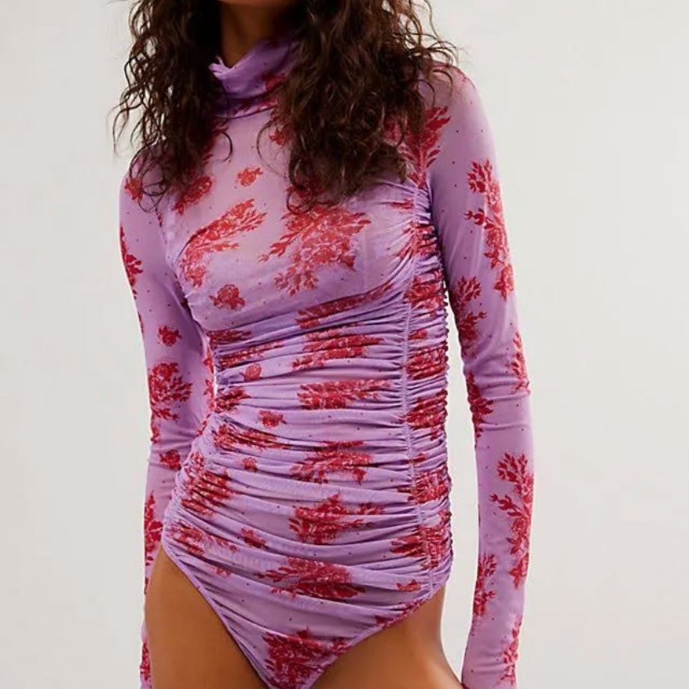 Free people mesh turtle neck purple bodysuit